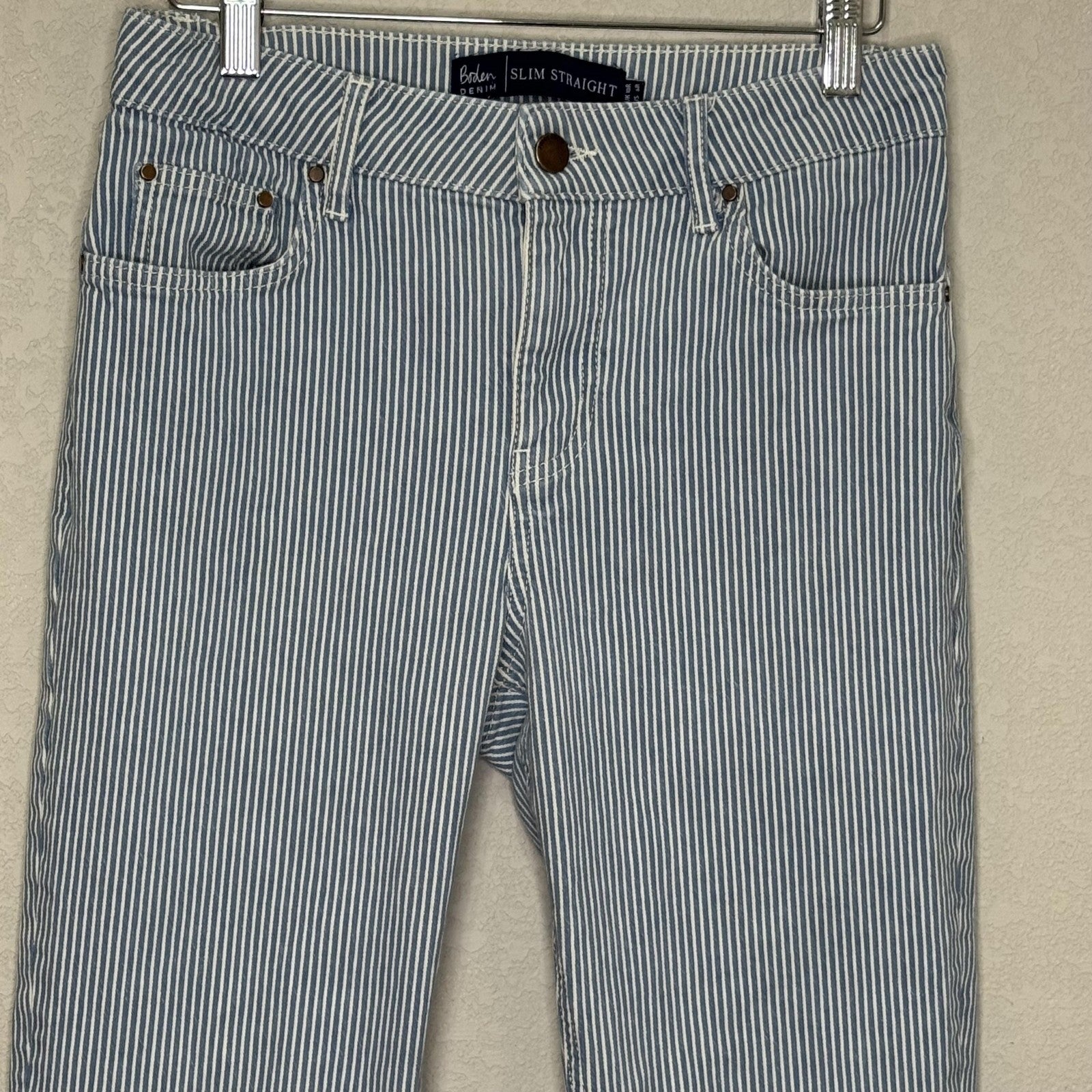 Boden Jeans Womens 6R Blue White Railroad Stripe Slim Straight Cropped Stretch