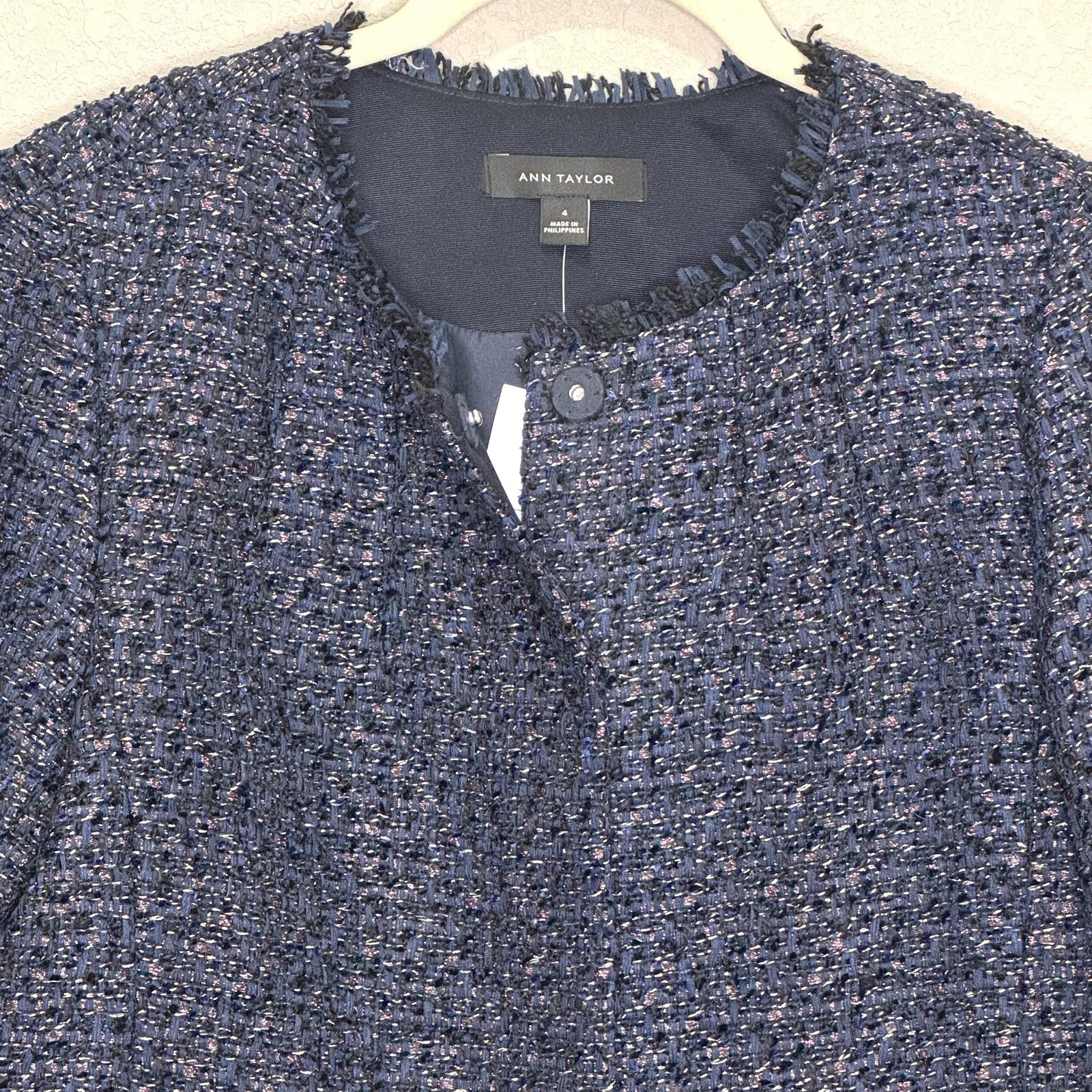 Ann Taylor Jacket Womens 4 Navy Blue Tweed Fringe Boucle Collarless Lined Office