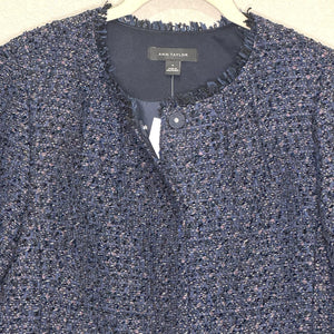 Ann Taylor Jacket Womens 4 Navy Blue Tweed Fringe Boucle Collarless Lined Office