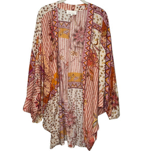 Anthropologie Madeline Cocoon Kimono Wrap One Size Coral Pink Cream Print