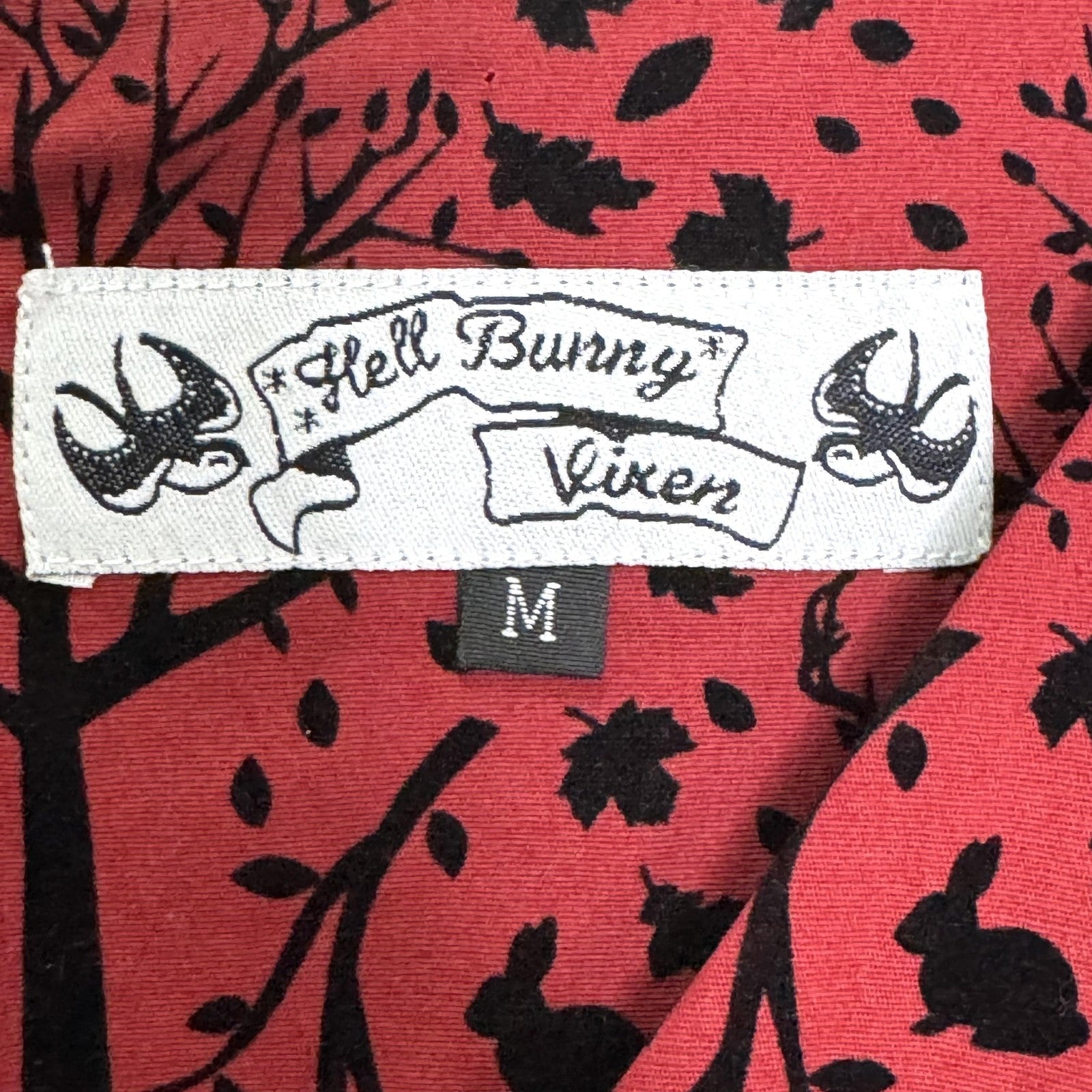 Hell Bunny Vixen Dress Medium Red Riding Hood Forest Print Pockets Belted Retro