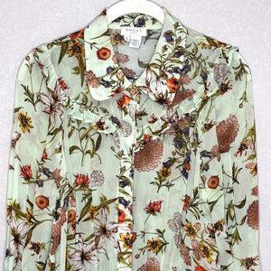 Ghost London Shirt Womens Small Green Floral Tie Waist Ruffle Sheer Blouse Top