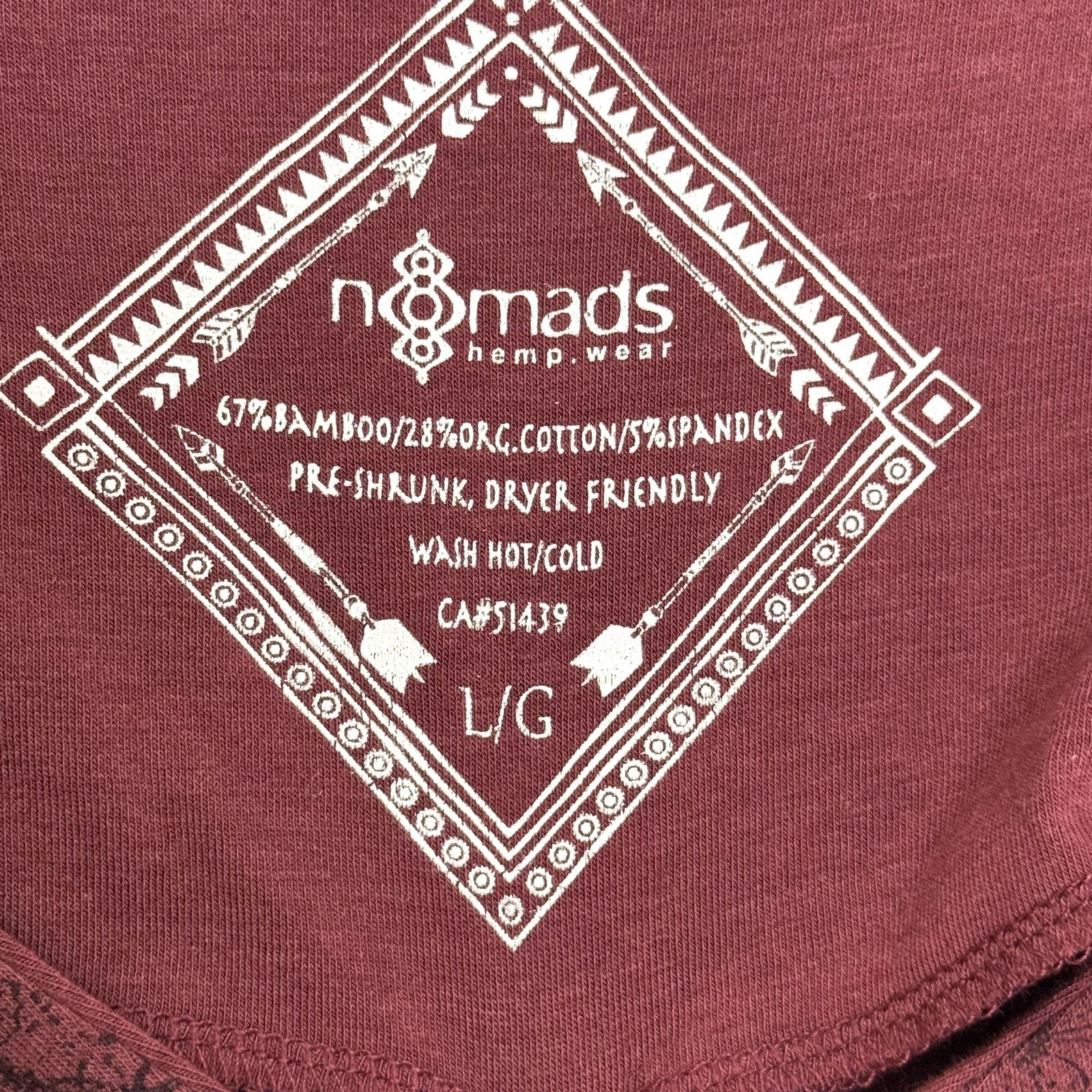 Nomads Hemp Wear Dress Womens Large Burgundy Boho Ruched Front Floral Organic