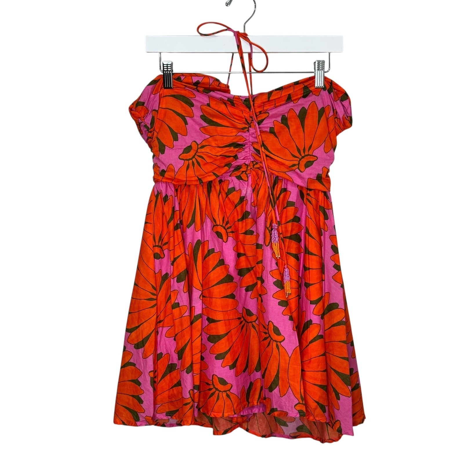 Farm Rio Dress Womens Large Pink Orange Floral Cutout Halter Mini Summer Beaded