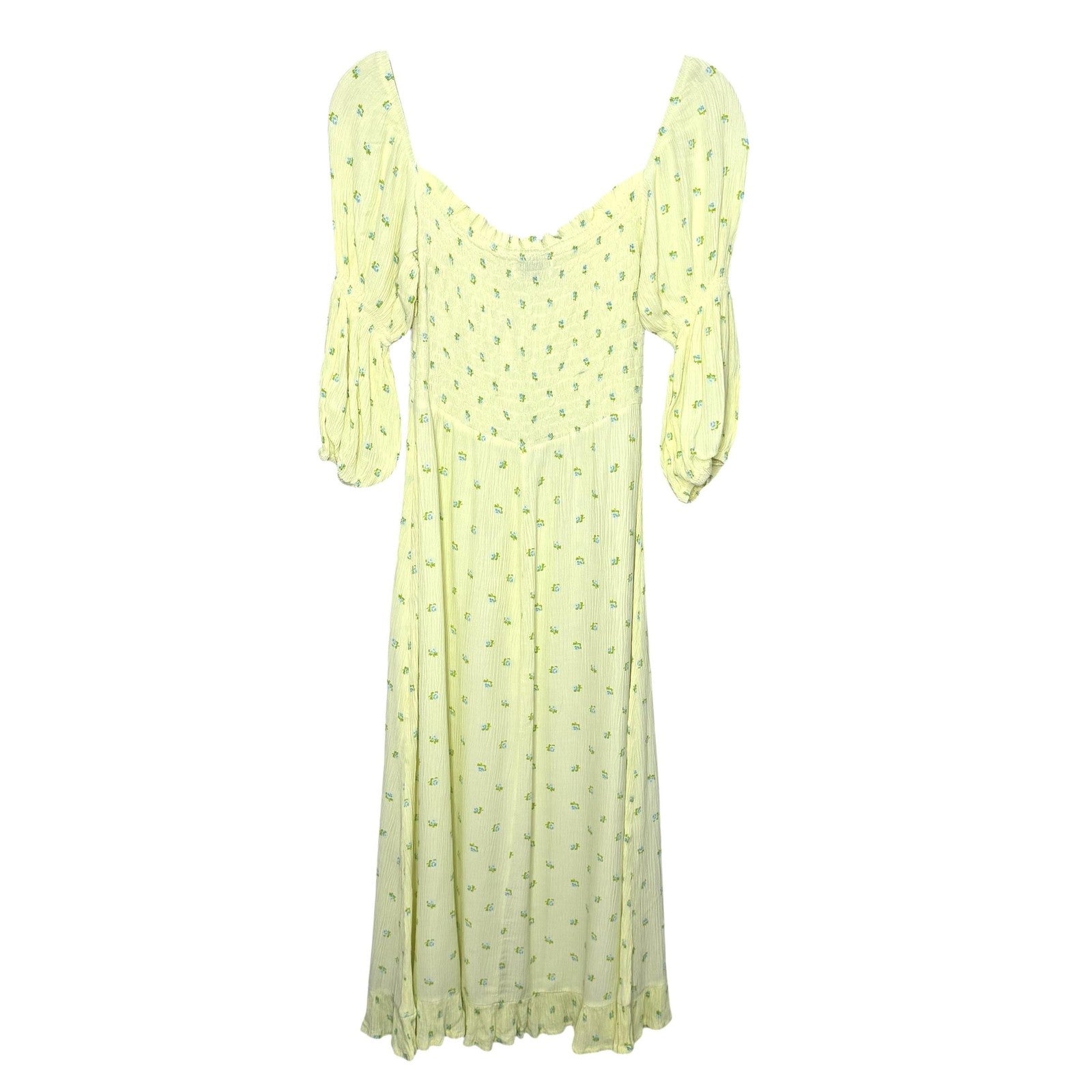 Faithfull The Brand Nora Dress Small Yellow Floral Smocked Puff Sleeve Midi