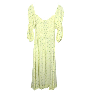 Faithfull The Brand Nora Dress Small Yellow Floral Smocked Puff Sleeve Midi