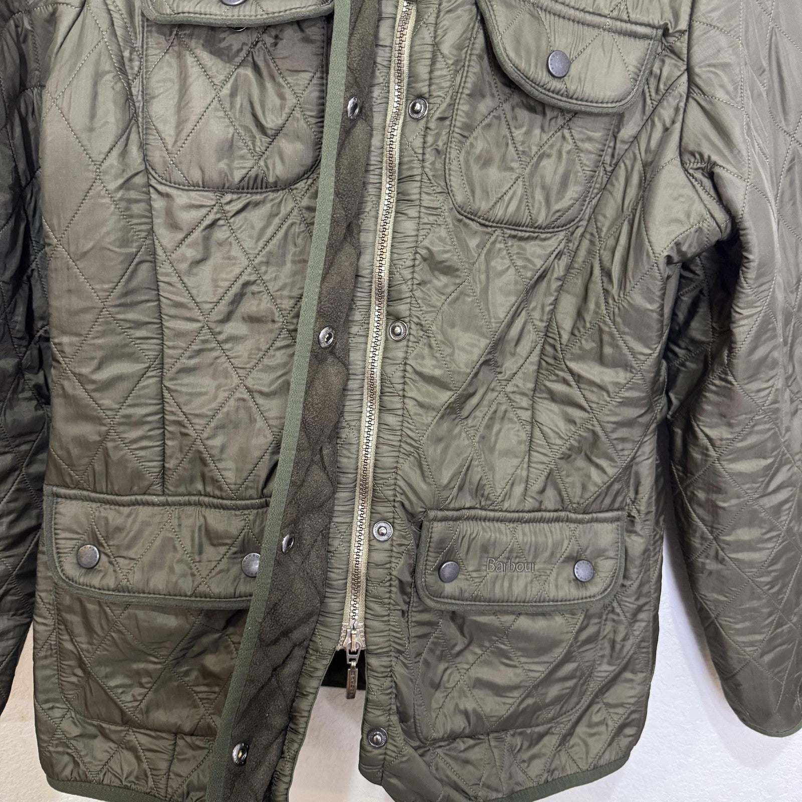 Barbour Quilted Jacket Womens 8 Olive Green Polarquilt Utility 4 Pocket Zip Snap