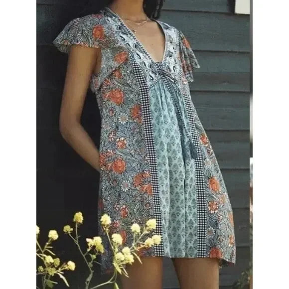 Anthropologie Dress Womens Small Boho Floral Paisley Tunic Pockets Orange Green