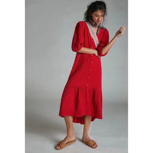 Anthropologie Maeve Scarletta Maxi Dress Size Small Bright Red Textured