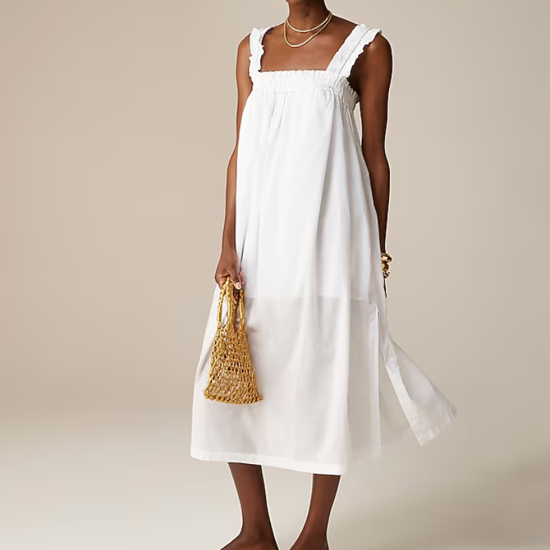 J Crew White Midi Dress Size XS Small Cotton Ruffle-Trim Vacation