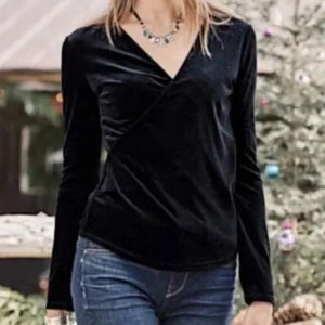 Sundance Wrap Top Womens Small Black Velour Surplice Long Sleeve V Neck Ruched