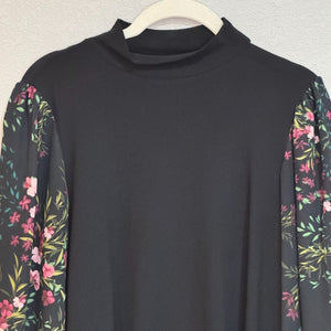 Cece Black Floral-Sleeve Mock-Neck Knit Top Size Small