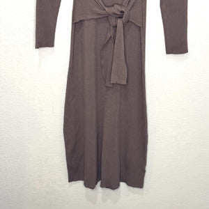 Evereve Dress Womens Small Brown Ribbed Knit Tie Waist Long Sleeve Midi Sweater