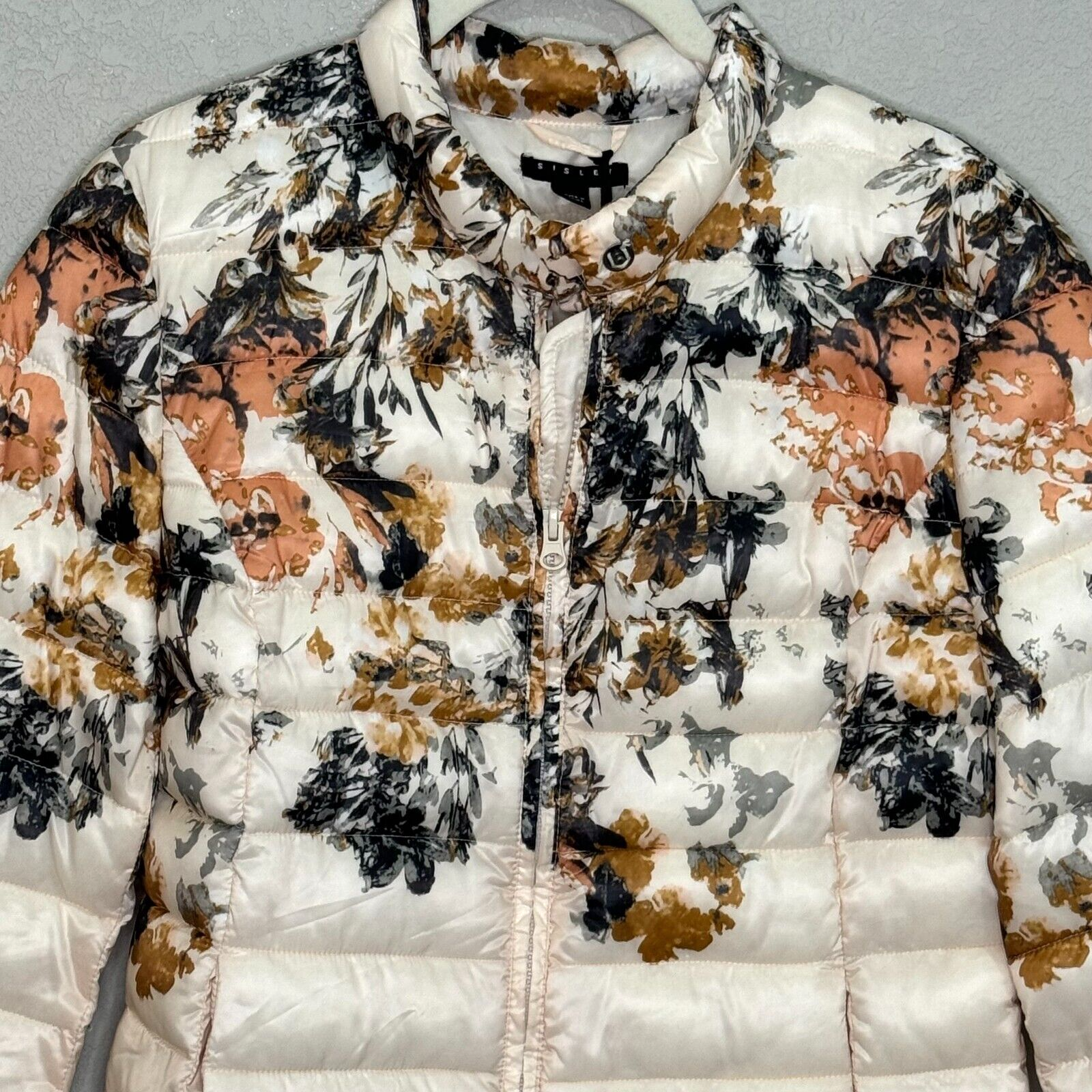 Sisley NEW Ivory Floral Long Sleeve Full Zip Puffer Jacket Size 6 $159