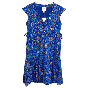 Banjanan NEW Azure Blue Floral Cotton V-Neck Ruffle Mini Chandra Dress Size XS