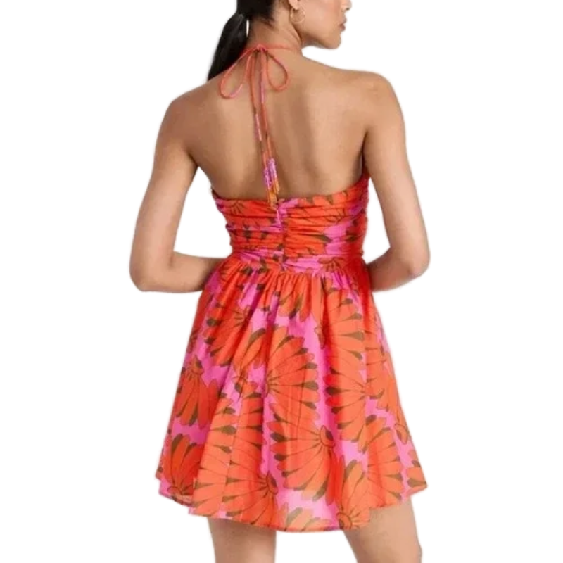 Farm Rio Dress Womens Large Pink Orange Floral Cutout Halter Mini Summer Beaded