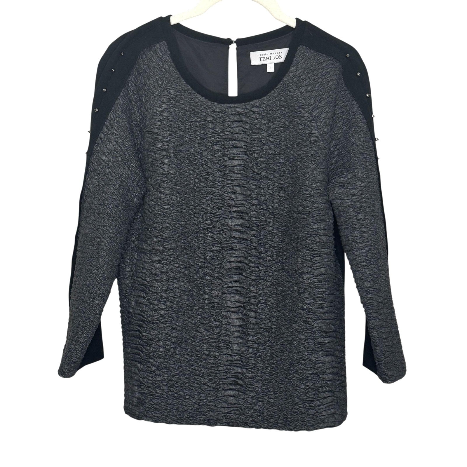 Teri Jon Textured Pullover Top Womens 6 Black Gray Studded Sleeve Dressy Blouse