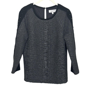 Teri Jon Textured Pullover Top Womens 6 Black Gray Studded Sleeve Dressy Blouse