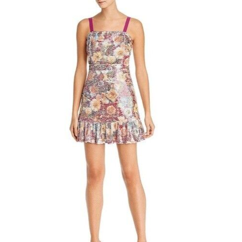 AQUA Sequined Floral Square Neck Mini Dress Size Large NEW $118