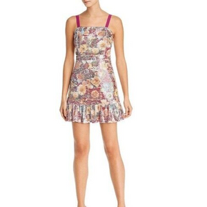 AQUA Sequined Floral Square Neck Mini Dress Size Large NEW $118