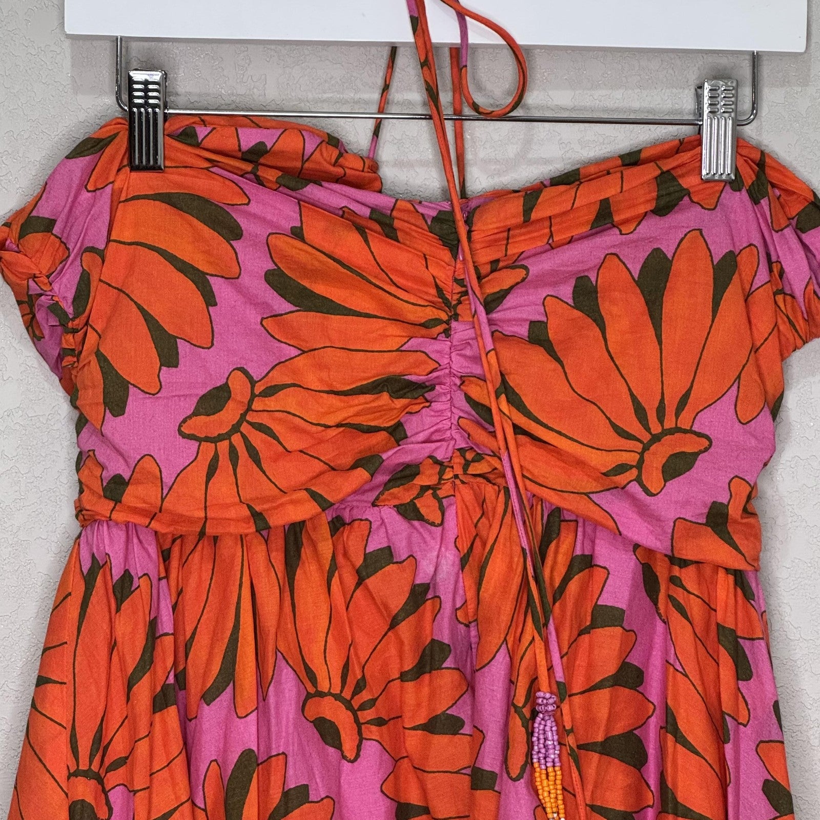 Farm Rio Dress Womens Large Pink Orange Floral Cutout Halter Mini Summer Beaded