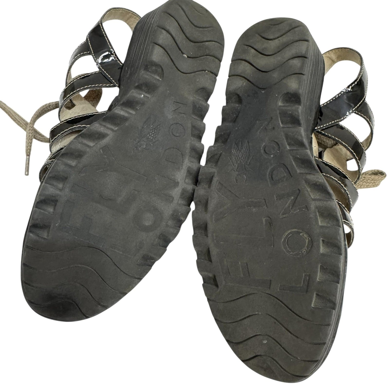 Fly London Shoes Womens Size 10 Black Patent Wedge Gladiator Lace Up Sandals