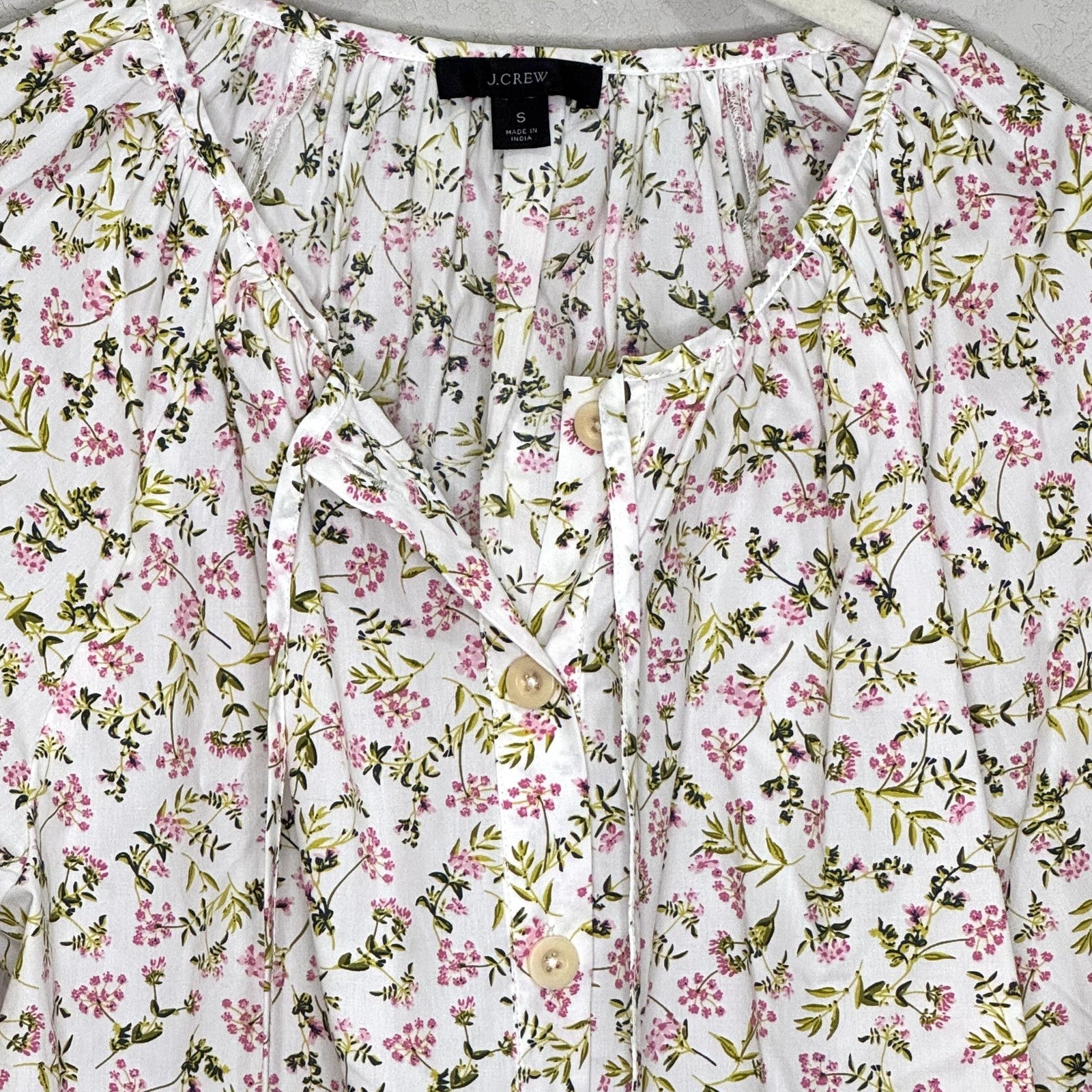 J Crew Shirt Womens Small White Pink Floral Button Front Tie Neck Long Sleeve