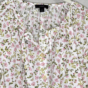 J Crew Shirt Womens Small White Pink Floral Button Front Tie Neck Long Sleeve