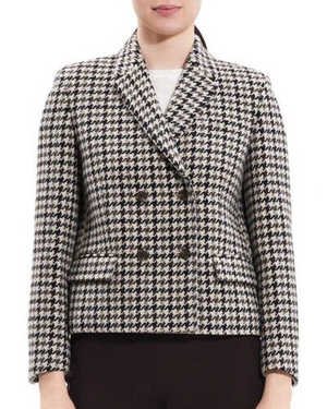 Theory Houndstooth Check Crop Wool Blazer Jacket Size 8 Black Grey Cream Tan