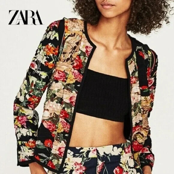 Zara Floral Ruched Black Red Gathered Floral Patchwork Jacket XL