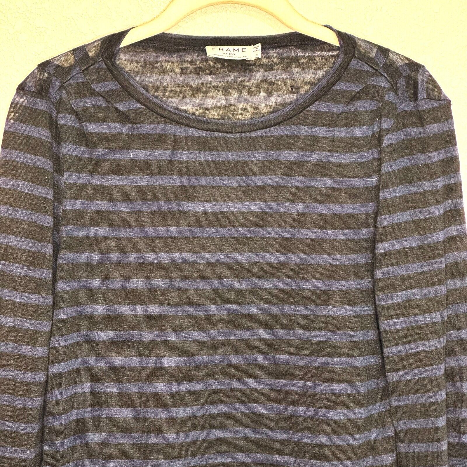 Frame Striped T Shirt Size Small Long Sleeve Tee Blue Black Striped 100% Linen