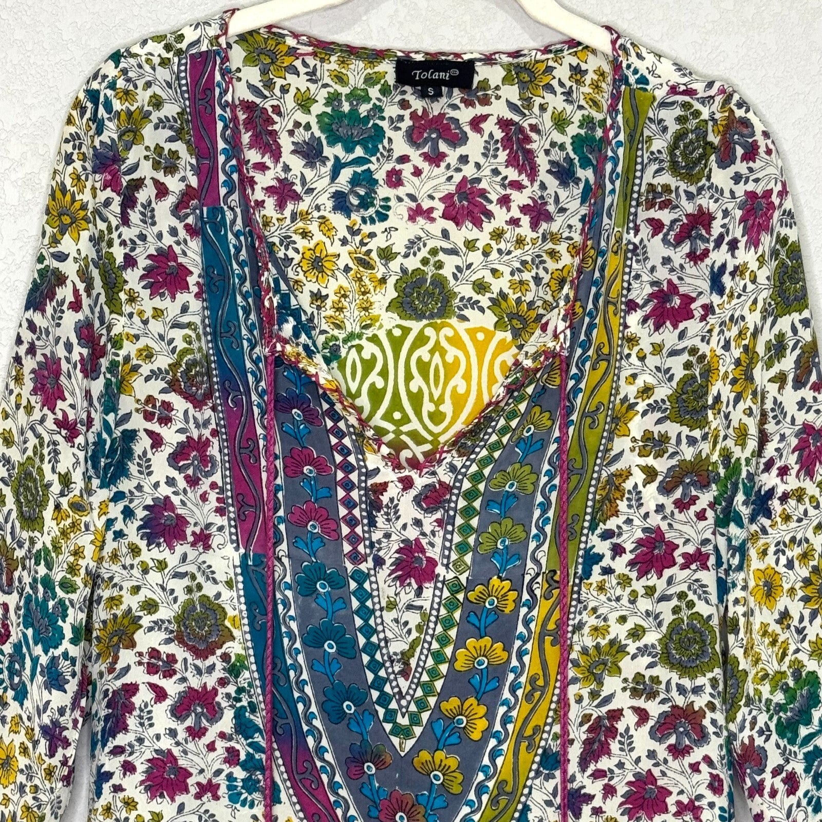 Tolani Silk Printed Madison Dress Tunic Top Size Small Boho Tassels V Neck