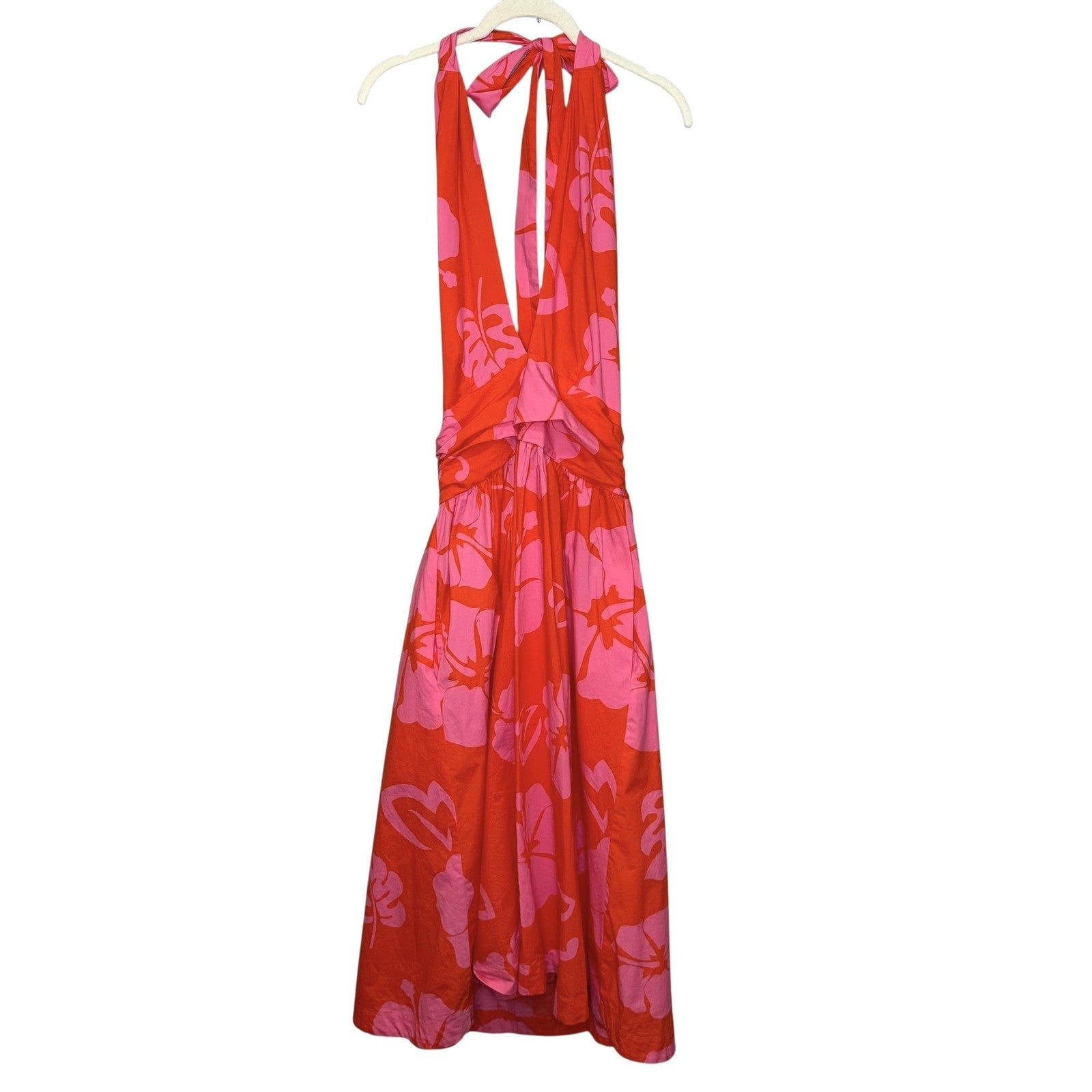 Staud Dress Moana 8 Red Pink Floral Halter Midi Open Back Summer Vacation Beach