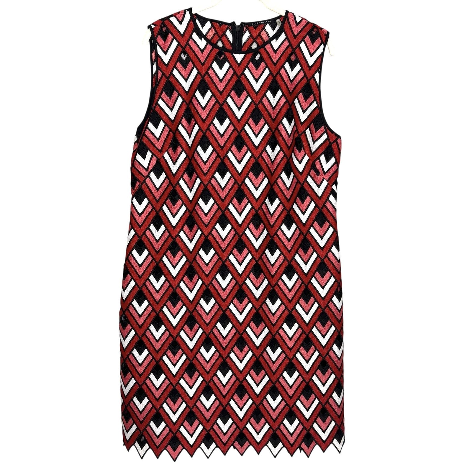 Elie Tahari Shift Dress Womens 14 Red Black White Sleeveless Chevron Scallop Hem