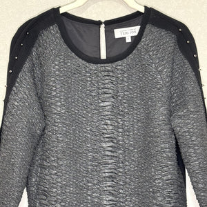 Teri Jon Textured Pullover Top Womens 6 Black Gray Studded Sleeve Dressy Blouse