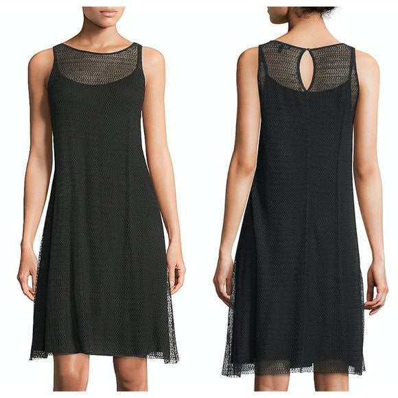 Eileen Fisher Dress Womens Small Black Sheer Mesh Sleeveless Keyhole Midi Slip