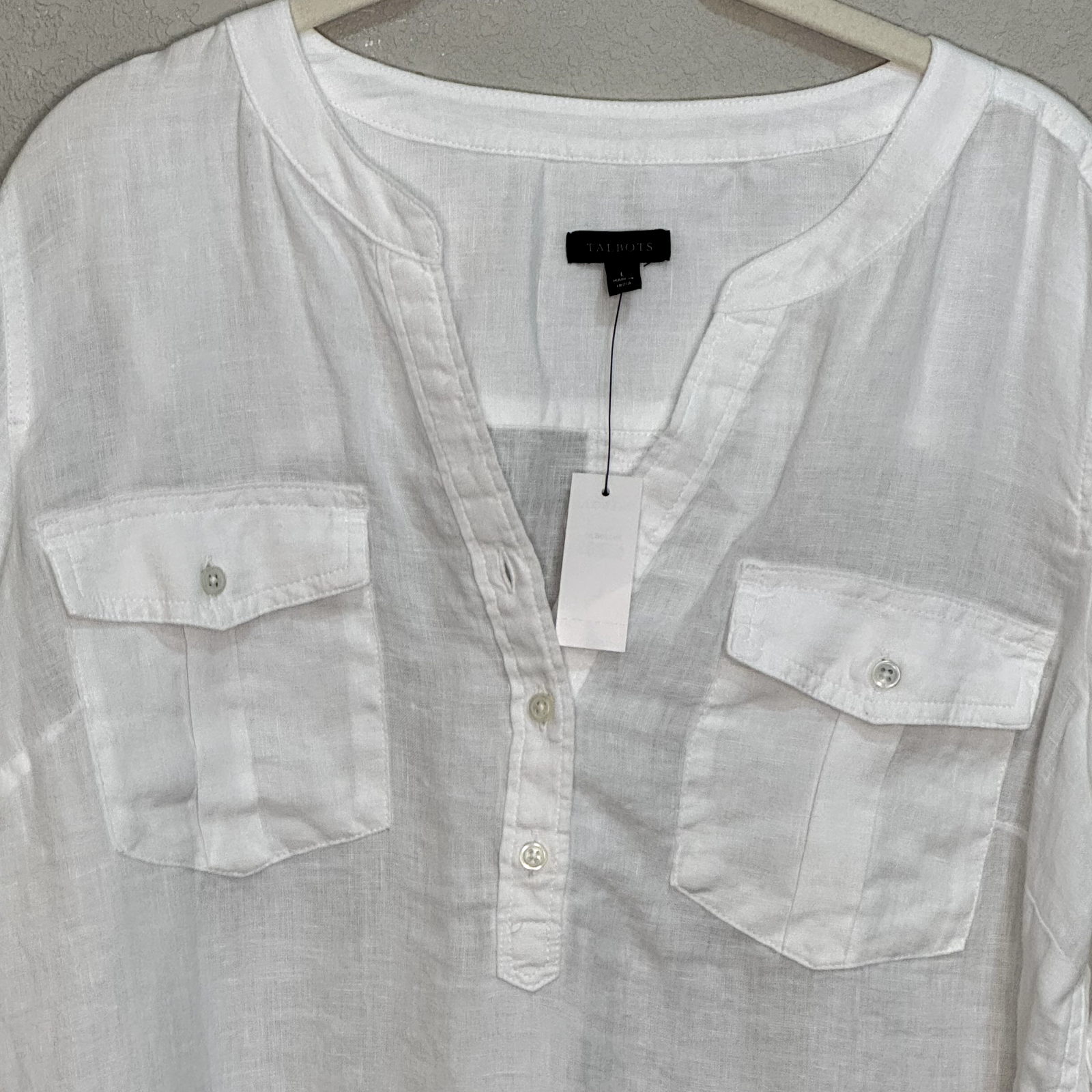 Talbots White Linen Band Collar Popover Top Shirt Cross Dye Size Large NEW $99