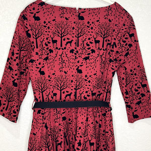 Hell Bunny Vixen Dress Medium Red Riding Hood Forest Print Pockets Belted Retro