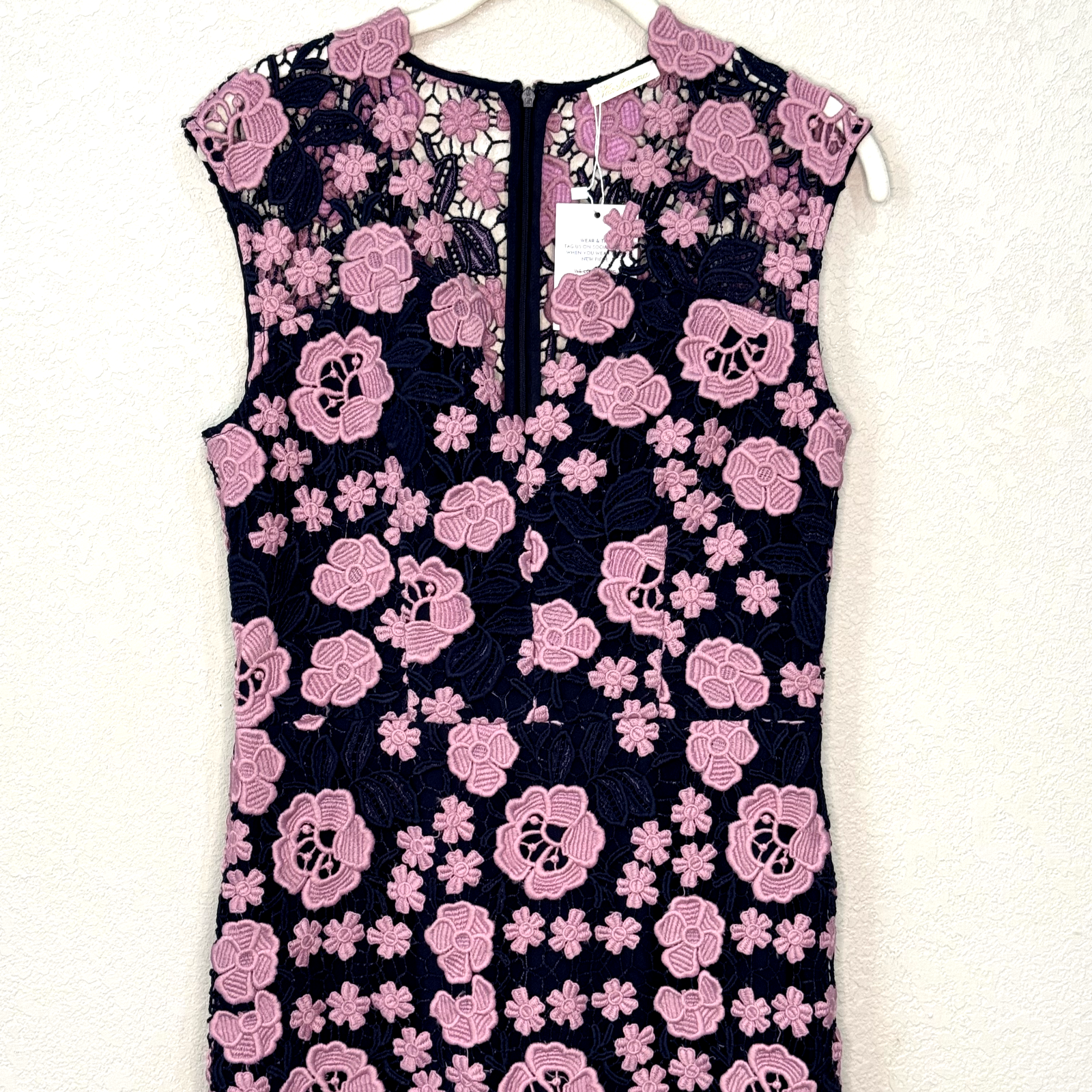 Shoshanna Pink Navy Blue Floral Guipure Lace Midi Sheath Dress Size Small