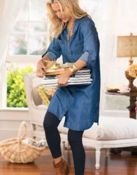 Soft Surroundings Shirt Dress Small Medium Blue Tencel Lyocell Denim Button Up
