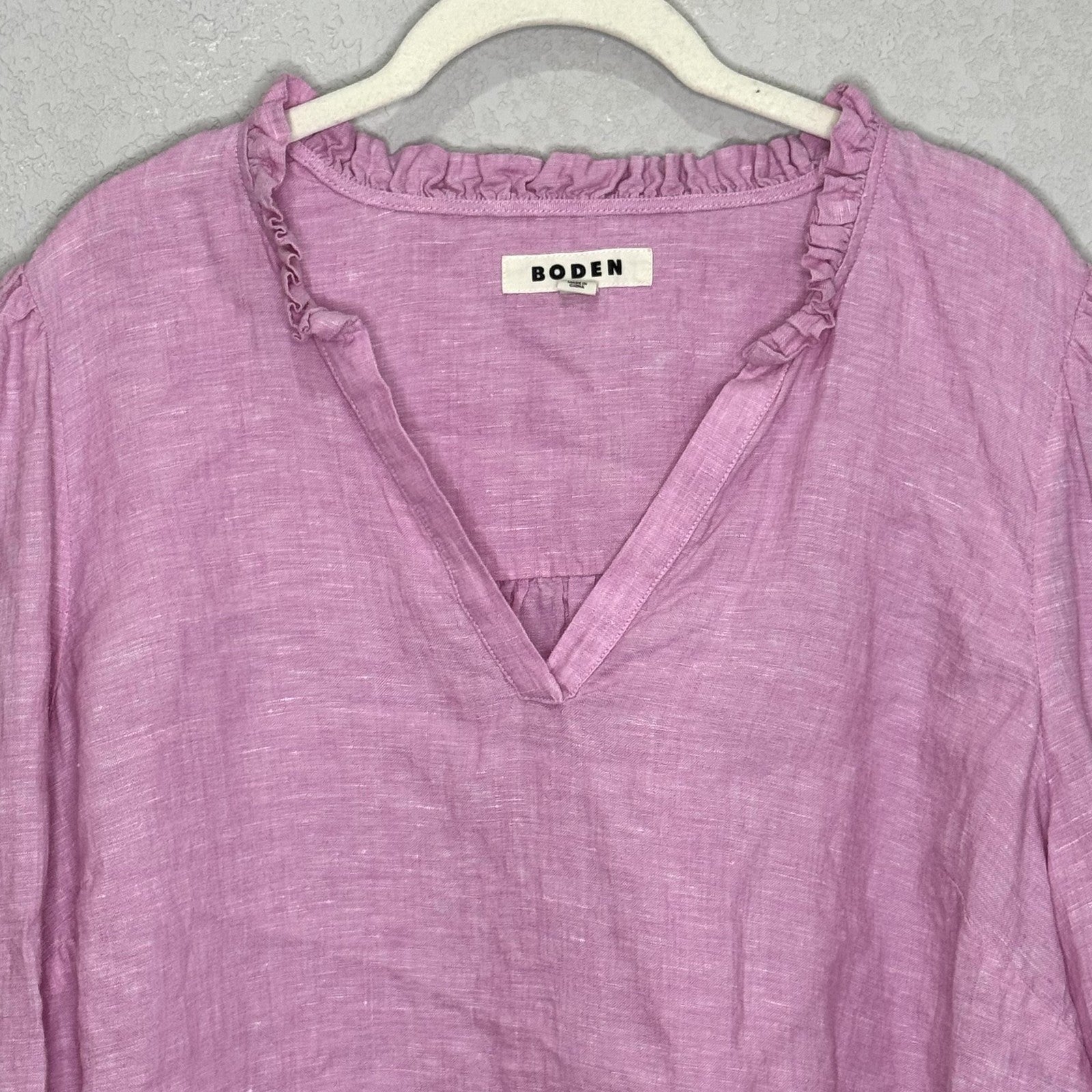Boden Grace Linen Top Womens XL 16-18 Long Sleeve Ruffle Neck Lightweight Blouse