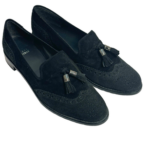 Stuart Weitzman Black Suede Guything Tassel Wingtip Loafers Size 7.5