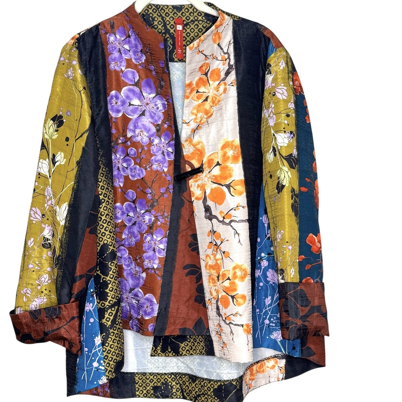 IC Collection Jacket Womens Large Multicolor Floral Kimono Blazer 5450J Made USA