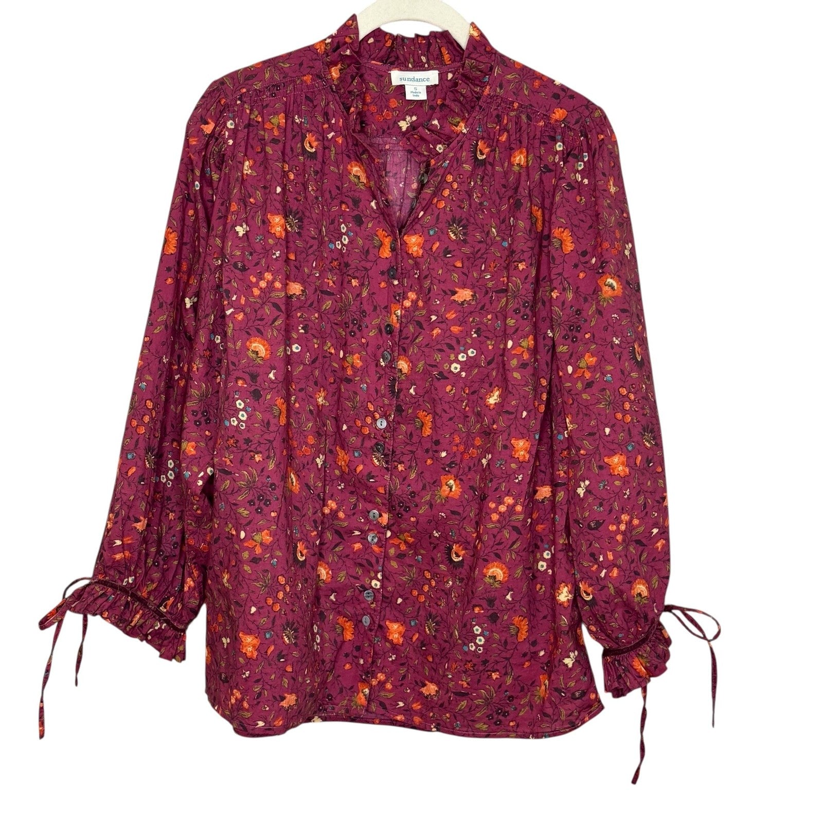 Sundance Blouse Womens Small Burgundy Floral Button Front Long Sleeve Top Cotton