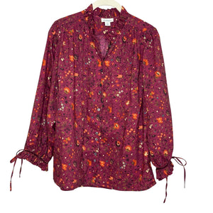 Sundance Blouse Womens Small Burgundy Floral Button Front Long Sleeve Top Cotton