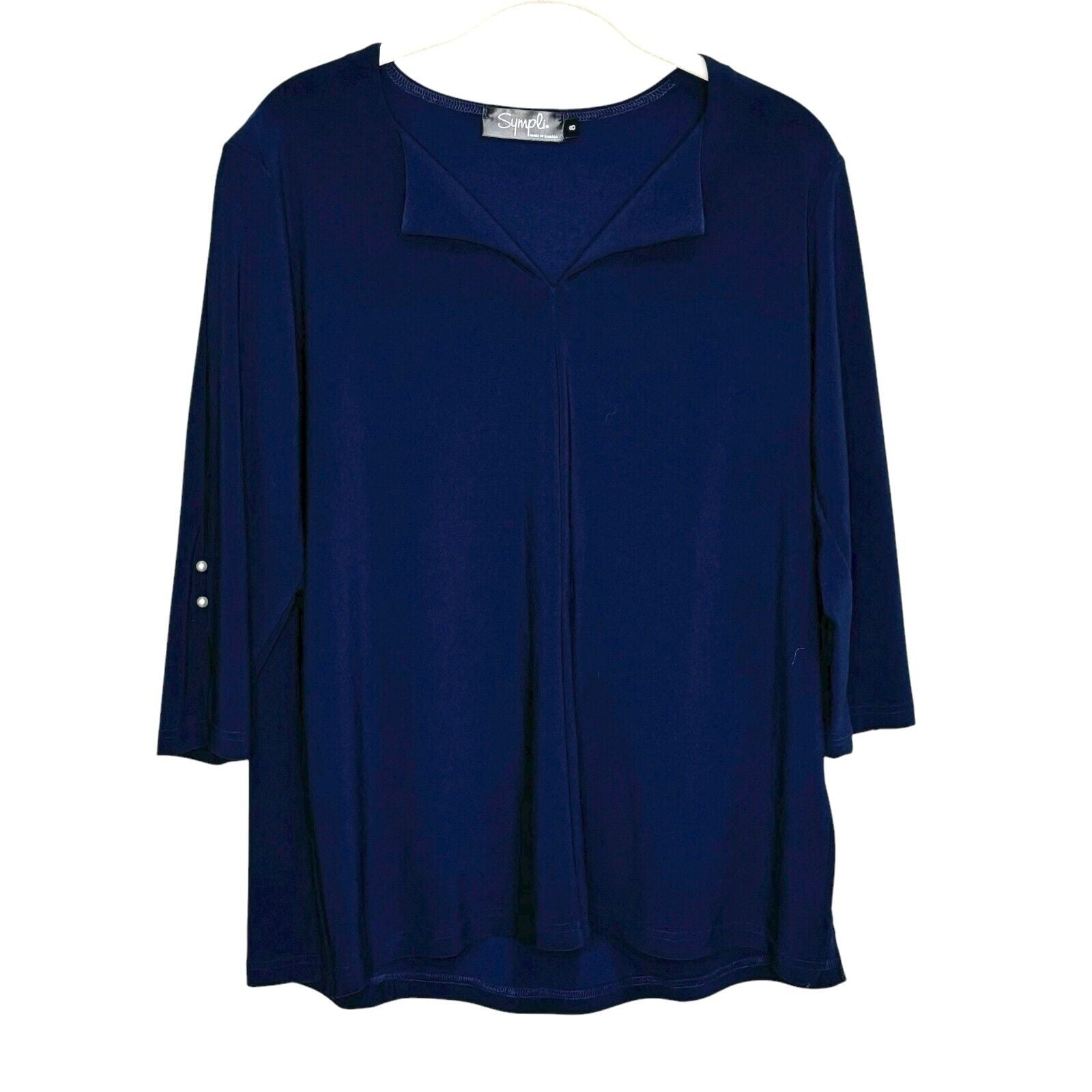 Sympli Navy Blue Split Collar Jersey Top with Pearl Cuff Accent Size 8