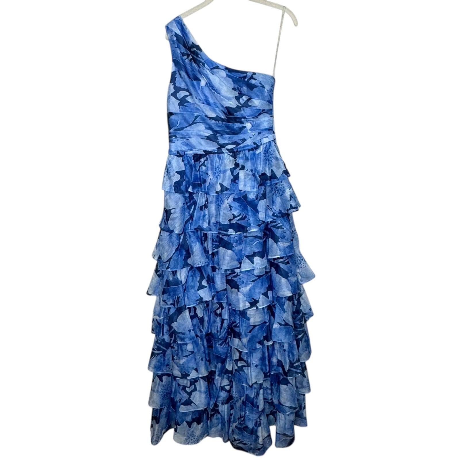 Mikael Aghal One Shoulder Gown Dress Blue Chiffon Coastal Black Tie Alt. Size 6