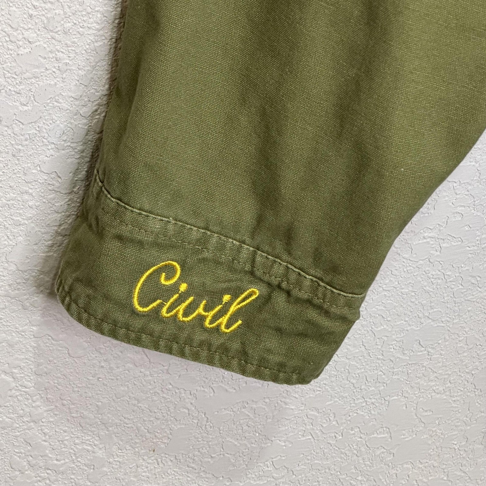 Civil Regime Jacket Womens Medium Green Embroidered Utility Open Front Pockets