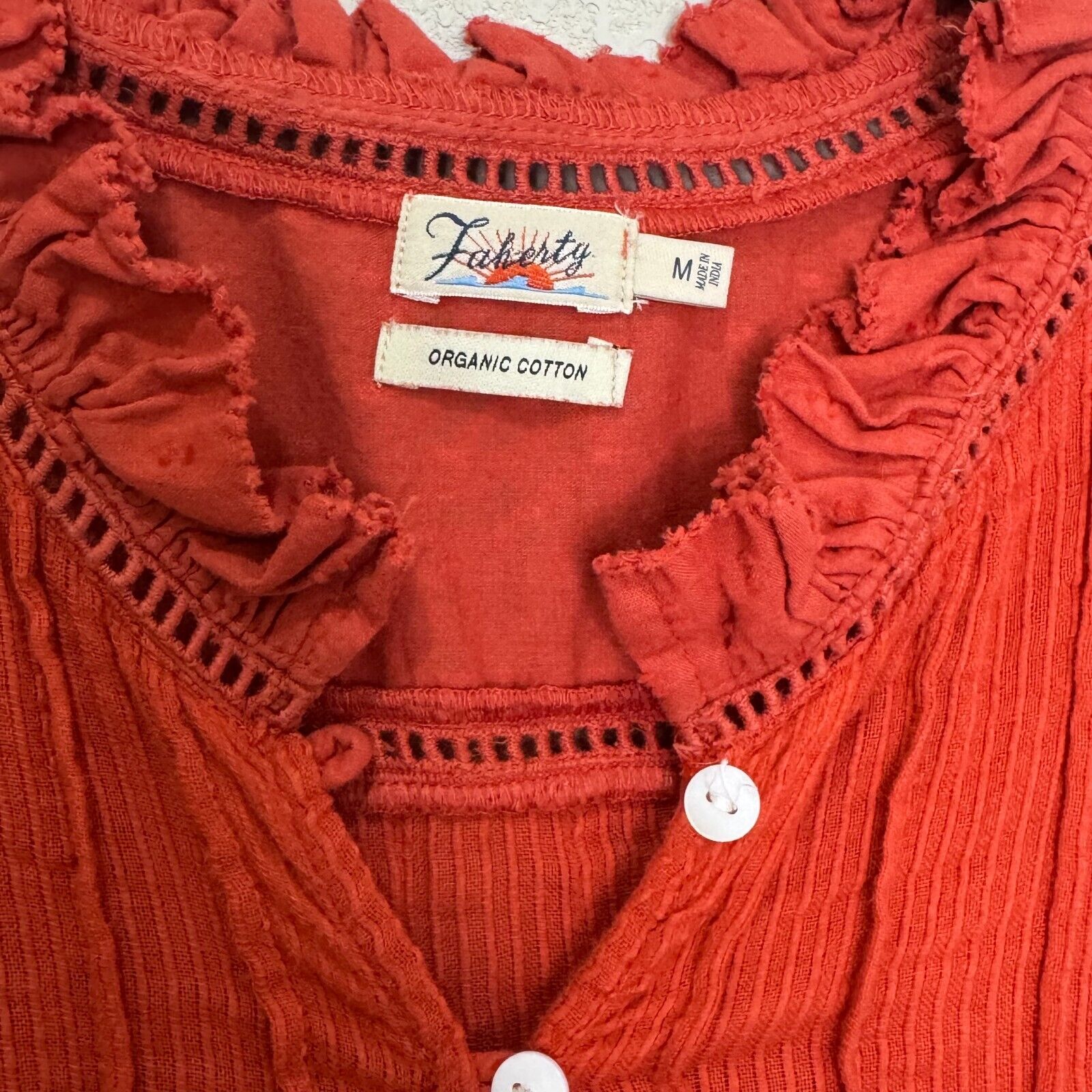 Faherty Willa Shirt Size Medium Rust Long Sleeve Pintuck Ruffle Peasant Blouse