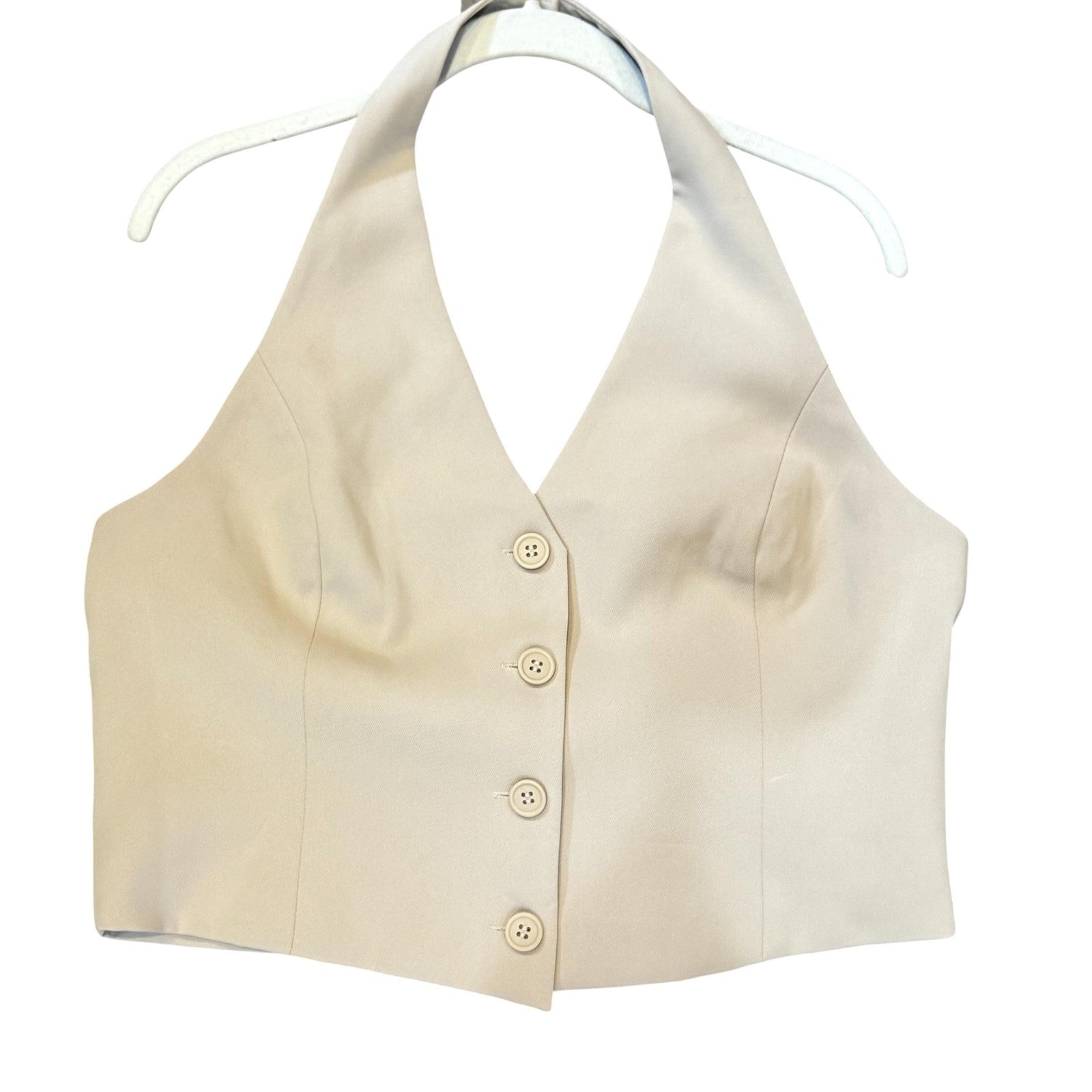 Open Edit Halter Crop Vest Womens Large Beige Button Front Sleeveless Blouse Top